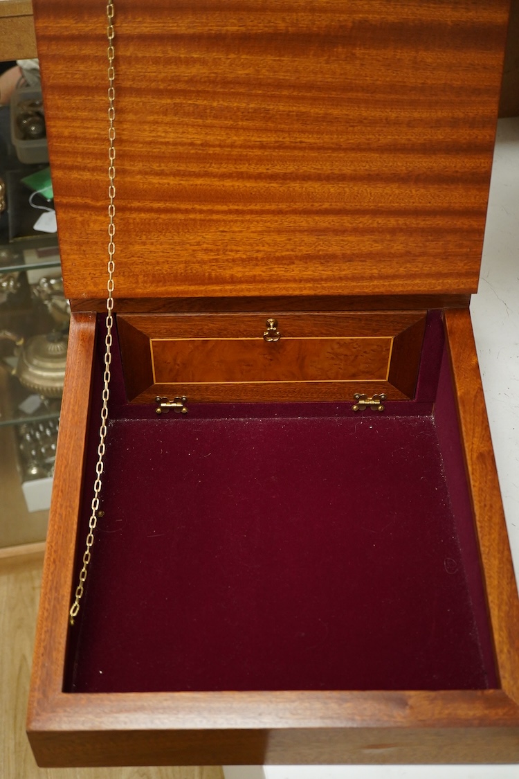 A mid 20th century mahogany and burr walnut lap desk, 53cm